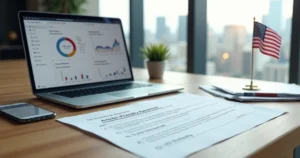 Non-US entrepreneur managing a US LLC remotely with legal documents and laptop
