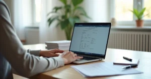 Person applying for ITIN online using laptop with passport and tax documents on desk
