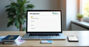 Person applying for ITIN online using laptop with digital tax documents