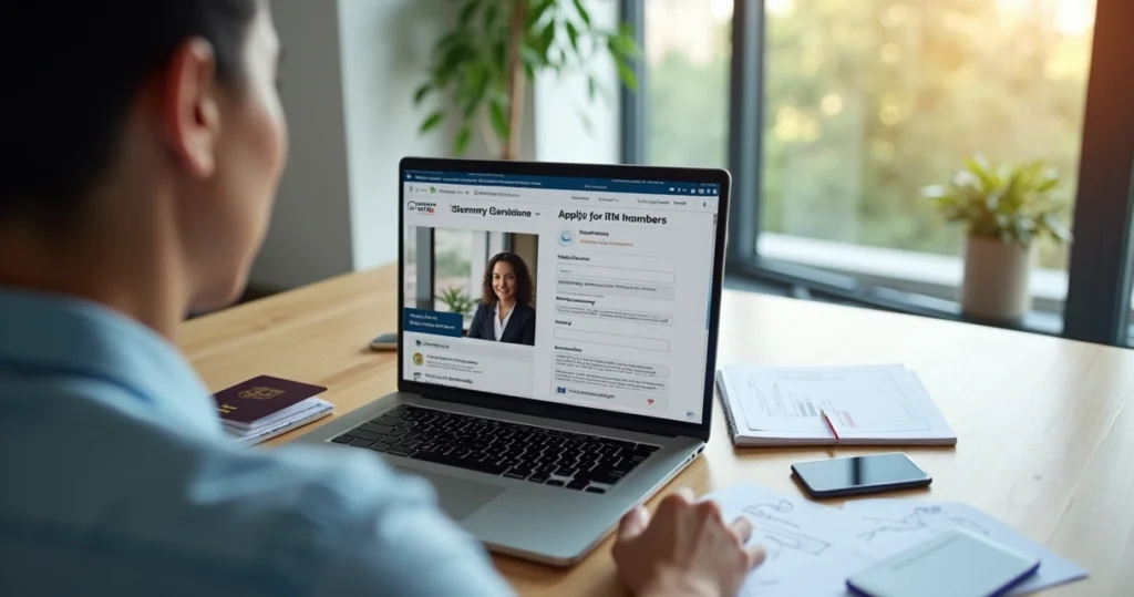 Person applying for an ITIN number online with a laptop and IRS agent support on screen