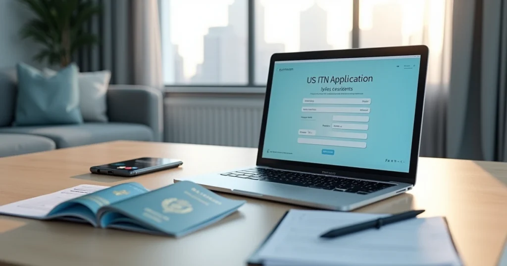 Non-resident using laptop to apply for a US ITIN online with passport on desk
