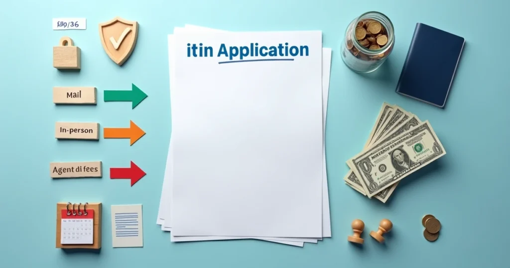 Hands arranging icons for ITIN fee options, documents and savings on blue background