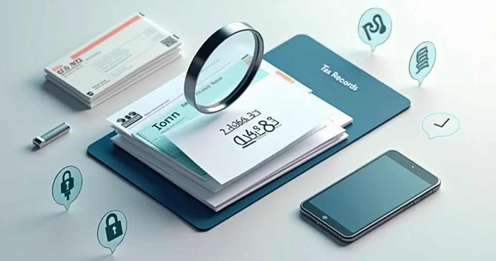 Concept illustration of ITIN search with magnifying glass over tax documents and digital icons