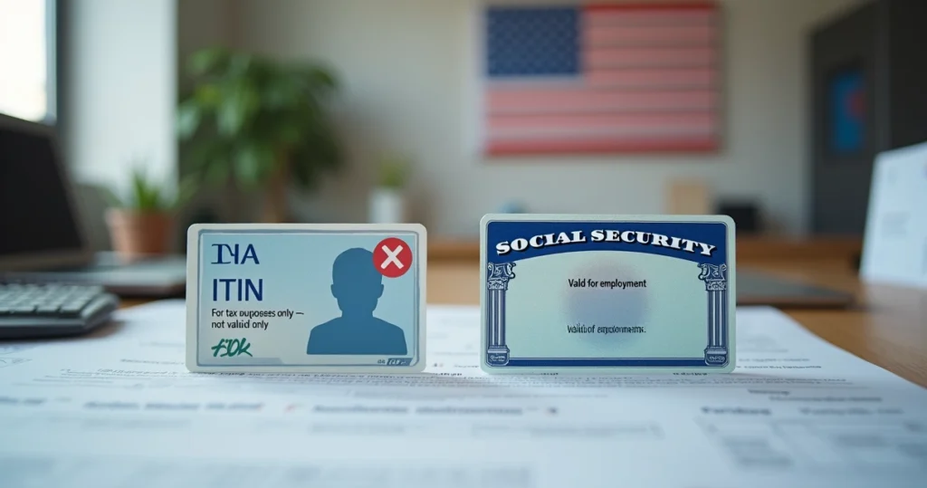 Visual comparison between ITIN card and Social Security card with job eligibility signs