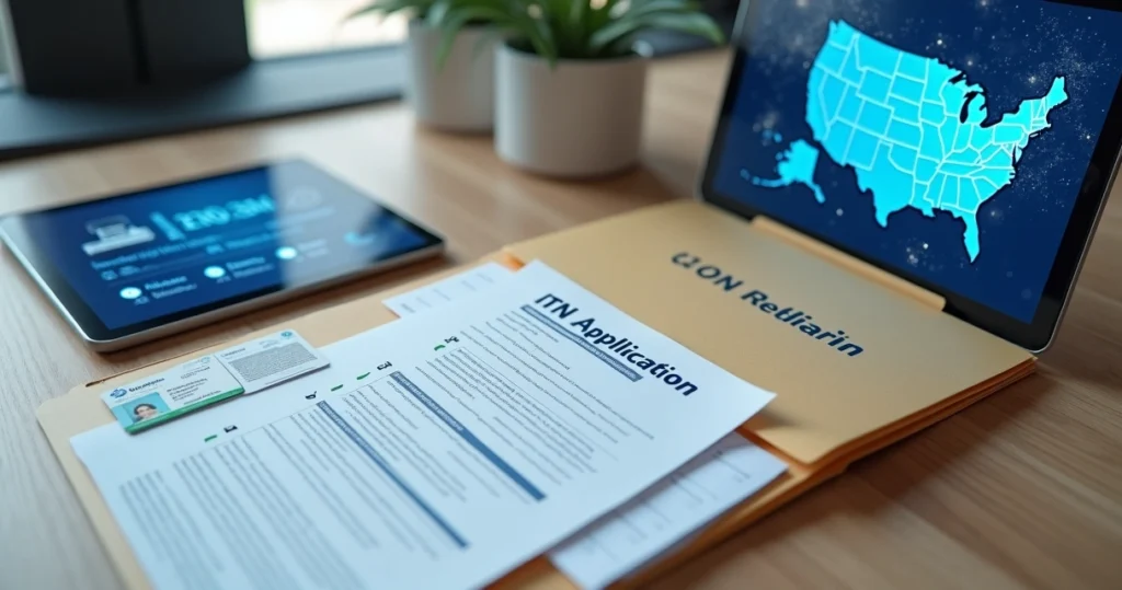 Neatly organized ITIN application folder with numbered steps and digital USA background