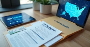 Neatly organized ITIN application folder with numbered steps and digital USA background