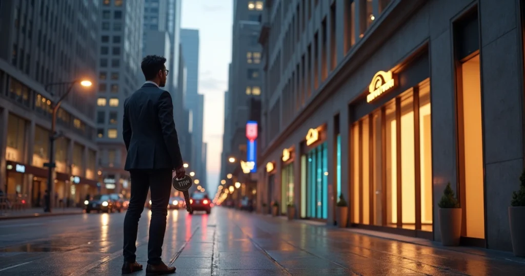 Non-resident choosing a US bank door with ITIN key in modern cityscape
