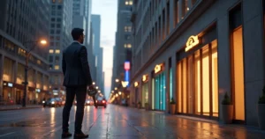 Non-resident choosing a US bank door with ITIN key in modern cityscape