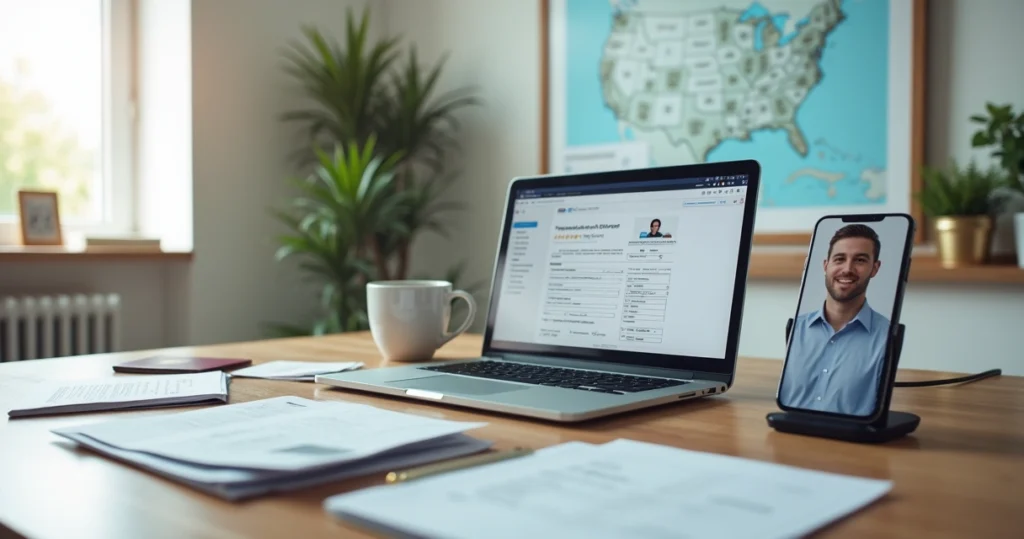 Person applying for ITIN online at a tidy home office desk with laptop and passport
