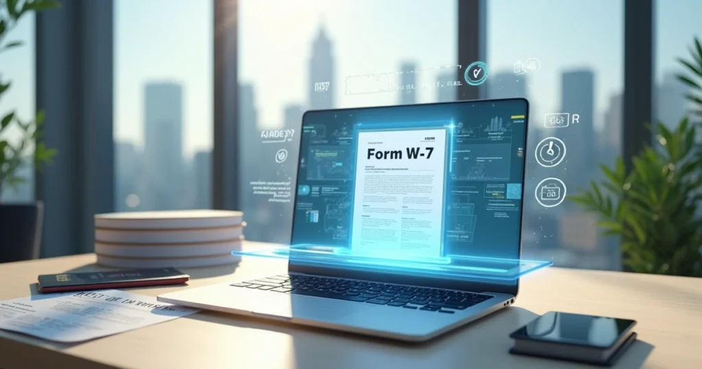 Remote ITIN approval concept with digital documents and fast processing icons