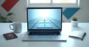 Overhead view of abstract digital hallway formed by numbered ITIN steps on a laptop screen