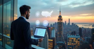 Non-resident entrepreneur viewing a glowing LLC and ITIN hologram over a US city skyline