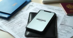Smartphone showing ITIN notice pulled from slim wallet on neutral background