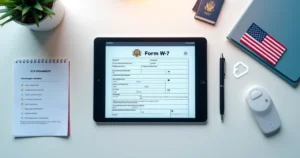 Organized ITIN application documents on digital tablet with USA tax theme