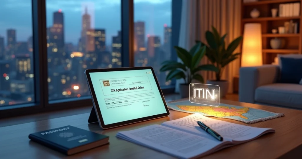 Digital map from foreign home to USA with ITIN approval on tablet