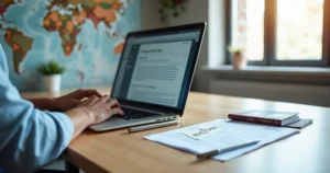 Nonresident preparing online ITIN application at laptop with passport and documents on desk