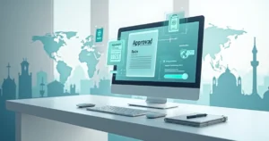 Digital desk with floating ITIN approval and passport scan icons